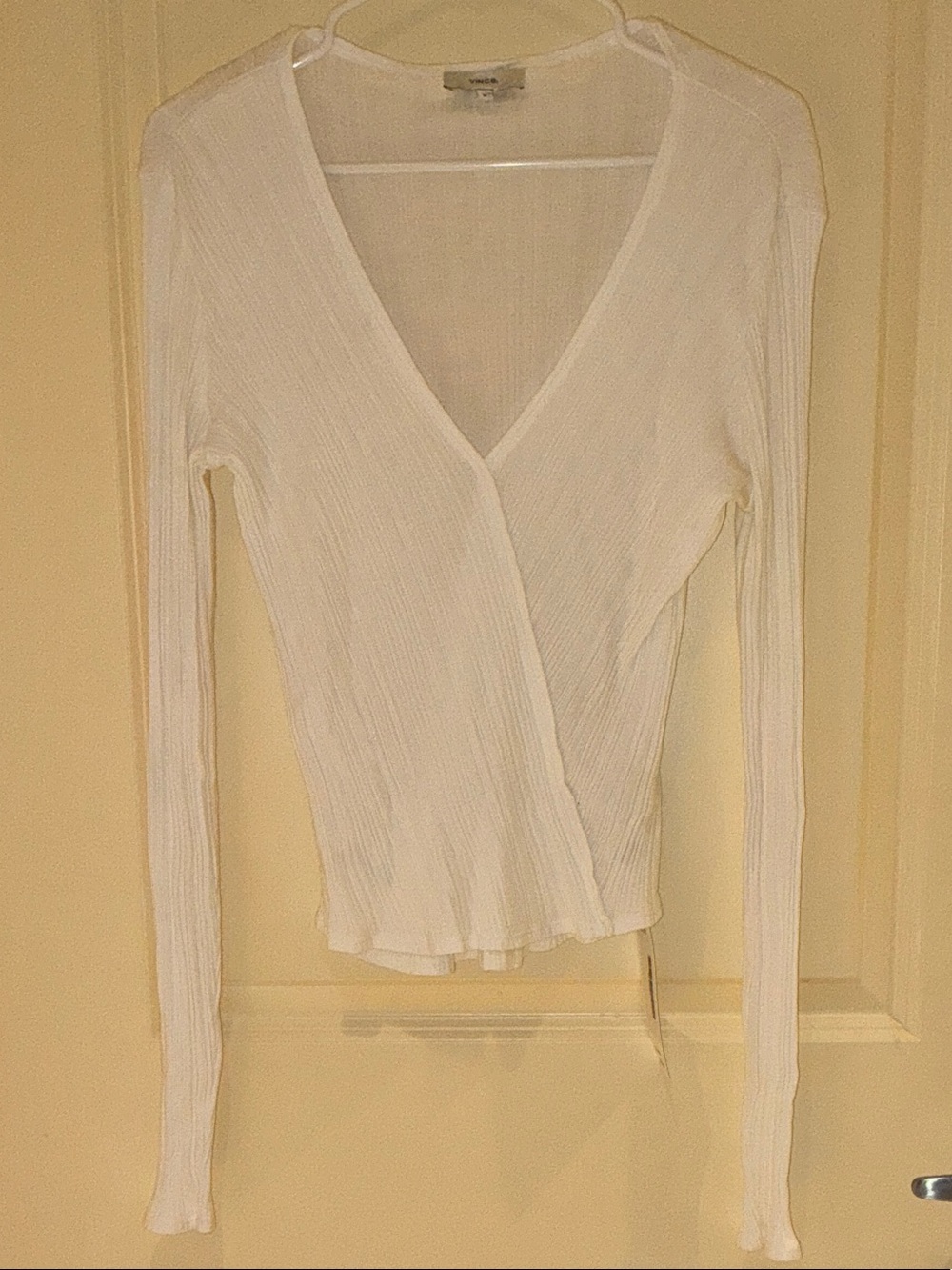 Vince White Ribbed Wrap Long-Sleeve Top